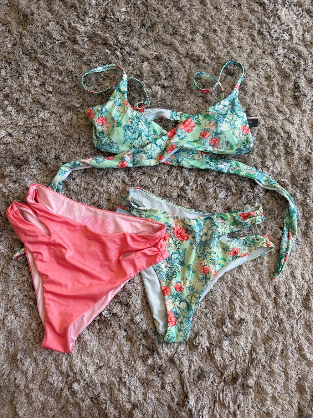 NWT Victoria Secret 
Floral Mint Bikini Set with Coral High-Waist Peach Bottom